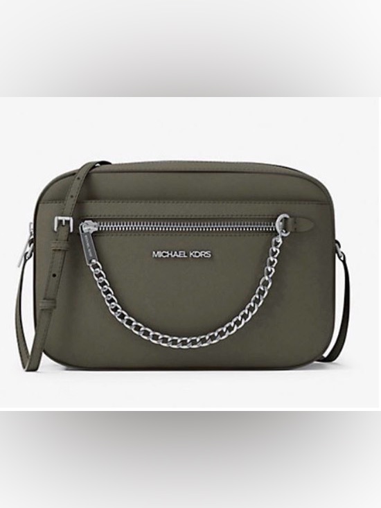Michael Kors Jet Set Large Saffiano Leather Olive Crossbody With Silver Hardware